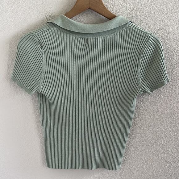 Calvin Klein Jeans Top Ribbed Light Mint Green Collar Academia Button Crop Small - Picture 2 of 7